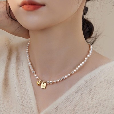 Vòng Cổ Ngọc Trai Dẹt 6ly Mix Charm Hình Tim Thời Trang - Ngọc Trai Trường Thịnh