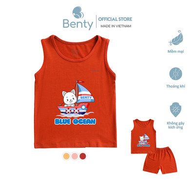 Bộ ba lỗ in hình mèo con đi tàu BENTY BT091 cao cấp thoáng mát, quần áo trẻ em cho bé mềm mịn