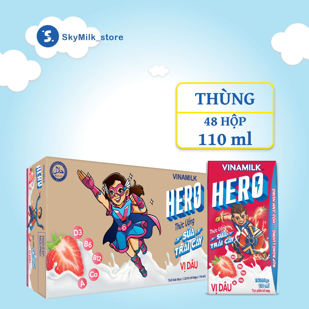 Vinamilk - Thùng 48 hộp 110ml Thức uống sữa trái cây vị dâu Vinamilk Hero - Sữa trái cây Vinamilk