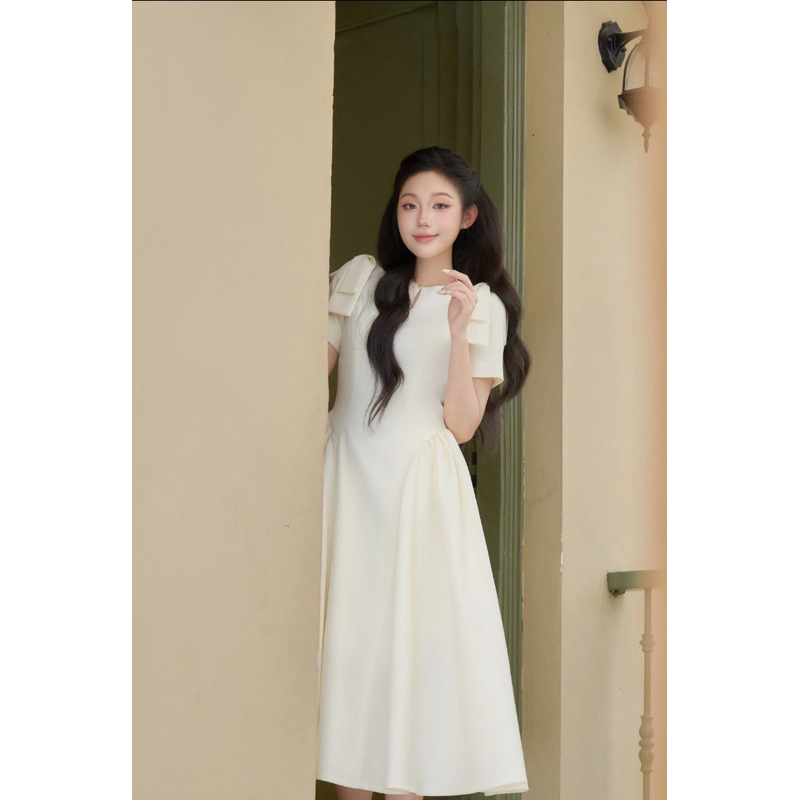 CÉLESTE - Váy Đầm Tiểu Thư Dáng Dài Xoè Phối Nơ Vai Vải Chéo Nhật Mềm Lanna Dress | BigBuy360 - bigbuy360.vn