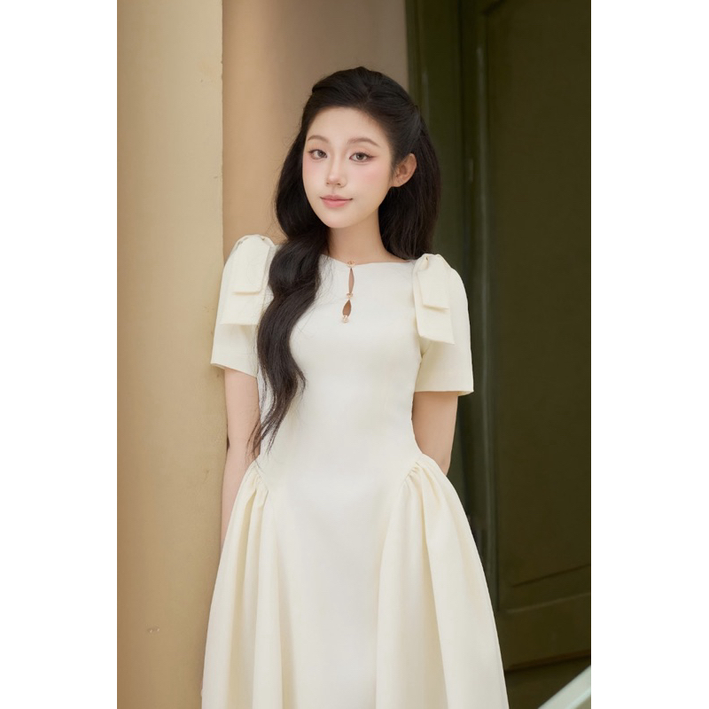 CÉLESTE - Váy Đầm Tiểu Thư Dáng Dài Xoè Phối Nơ Vai Vải Chéo Nhật Mềm Lanna Dress | BigBuy360 - bigbuy360.vn