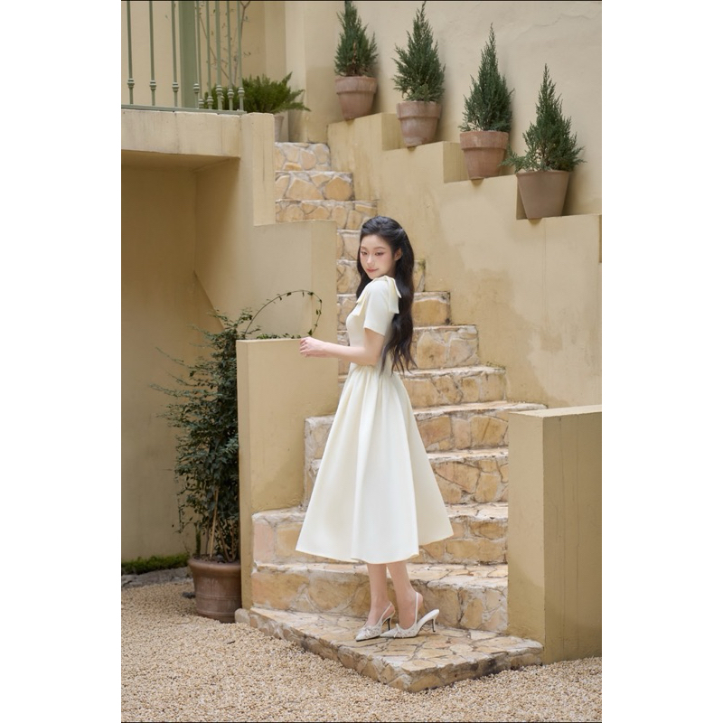 CÉLESTE - Váy Đầm Tiểu Thư Dáng Dài Xoè Phối Nơ Vai Vải Chéo Nhật Mềm Lanna Dress | BigBuy360 - bigbuy360.vn