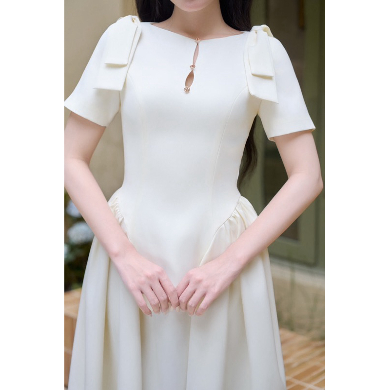 CÉLESTE - Váy Đầm Tiểu Thư Dáng Dài Xoè Phối Nơ Vai Vải Chéo Nhật Mềm Lanna Dress | BigBuy360 - bigbuy360.vn