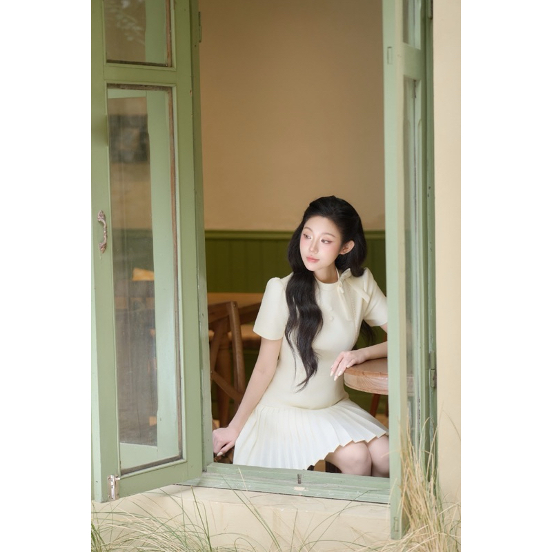 [HOẢ TỐC] CÉLESTE - Váy Đầm Tiểu Thư Xếp Ly Nhỏ Cổ Đính Nơ Lệch Vải Chéo Nhật Mềm Mie Dress | BigBuy360 - bigbuy360.vn