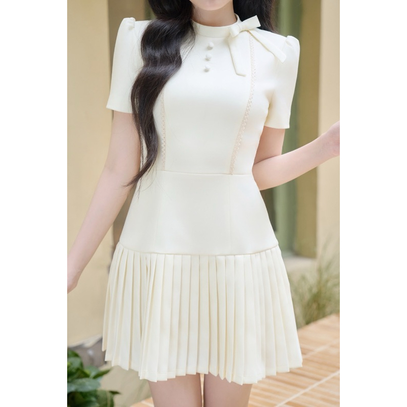 [HOẢ TỐC] CÉLESTE - Váy Đầm Tiểu Thư Xếp Ly Nhỏ Cổ Đính Nơ Lệch Vải Chéo Nhật Mềm Mie Dress | BigBuy360 - bigbuy360.vn