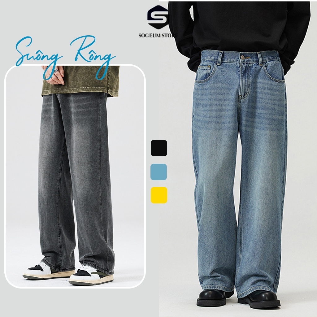 Quần Jean bò baggy nam Xanh RETRO ống rộng xuông cạp cao Quần bò nam dáng suông Sogeum