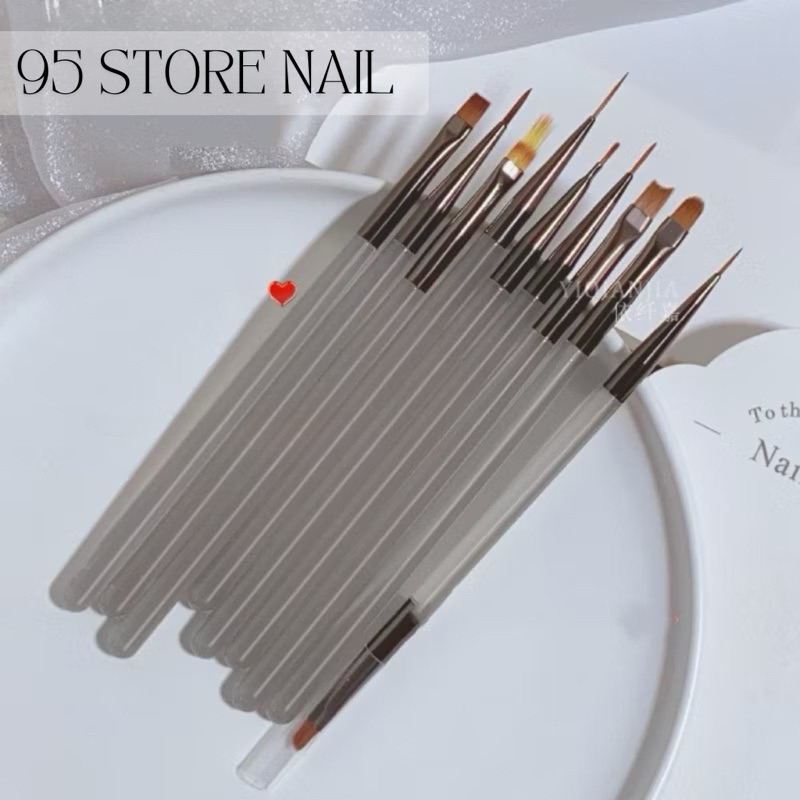 bộ cọ vẽ móng 9 cây cán nâu - nhiều kiểu cọ vẽ móng thông dụng