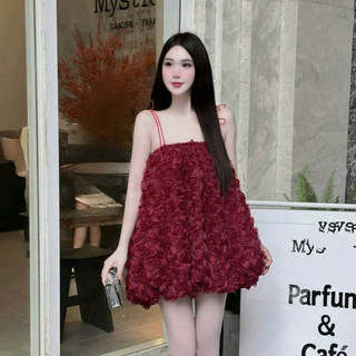 Đầm dự tiệc, váy đi dự tiệc đi chơi du lịch dáng 2 dây bồng đính hoa 3D full thân tiểu thư sang chảnh tiểu thư LEVA Rose