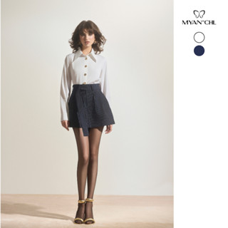 MYAN DESIGN Áo Sơ Mi Trắng Cúc Đồng Phối Chân Váy Xanh Than Kẻ Dáng Chữ A Kèm Dây Đai AFY250227 VFY241001