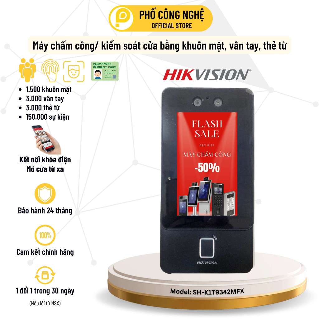 Máy chấm công khuôn mặt Hikvision SH-K1T9342MFX (DS-K1T342MFX) có Tiếng việt, xuất ra Excel