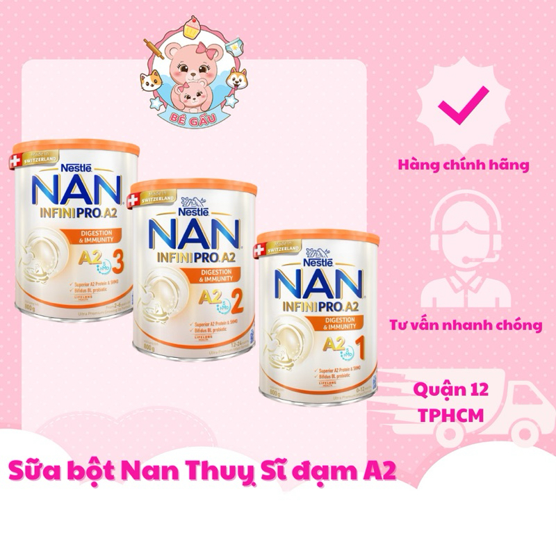 Sữa bột Nan Infinipro A2 Thuỵ Sĩ 800g số 1,2,3 chứa đạm A2 hỗ trợ tiêu hoá