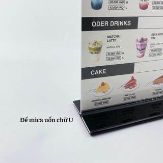 Kệ mica 2 mặt Enter E10-U 100x150mm đế lùa uốn bằng, Kệ menu nhà hàng, Standee mica để bàn, Bảng quét mã QR Code