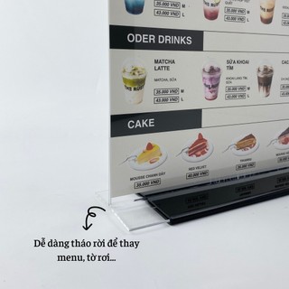 Kệ mica 2 mặt Enter E10-U 100x150mm đế lùa uốn bằng, Kệ menu nhà hàng, Standee mica để bàn, Bảng quét mã QR Code
