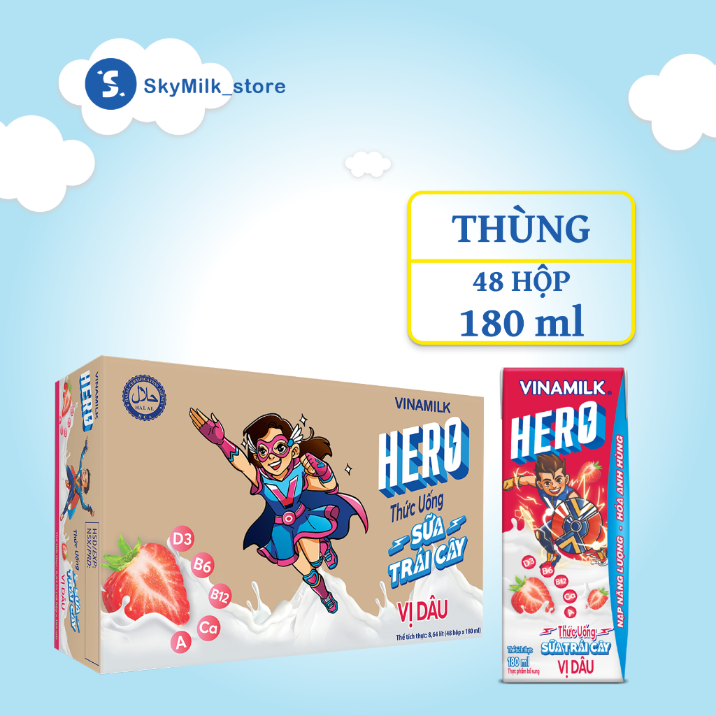 Vinamilk - Thùng 48 hộp 180ml Thức uống sữa trái cây vị dâu Vinamilk Hero - Sữa trái cây Vinamilk