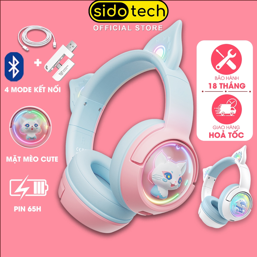 Tai nghe chụp tai bluetooth tai mèo SIDOTECH ONIKUMA B5 hồng cute không dây 4 mode kết nối pin 55h âm thanh vòm 7.1 3D