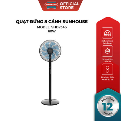 Quạt đứng 8 cánh SUNHOUSE SHD7346 - Động cơ khỏe - Điều khiển từ xa - 3 chế độ gió - Có hẹn giờ