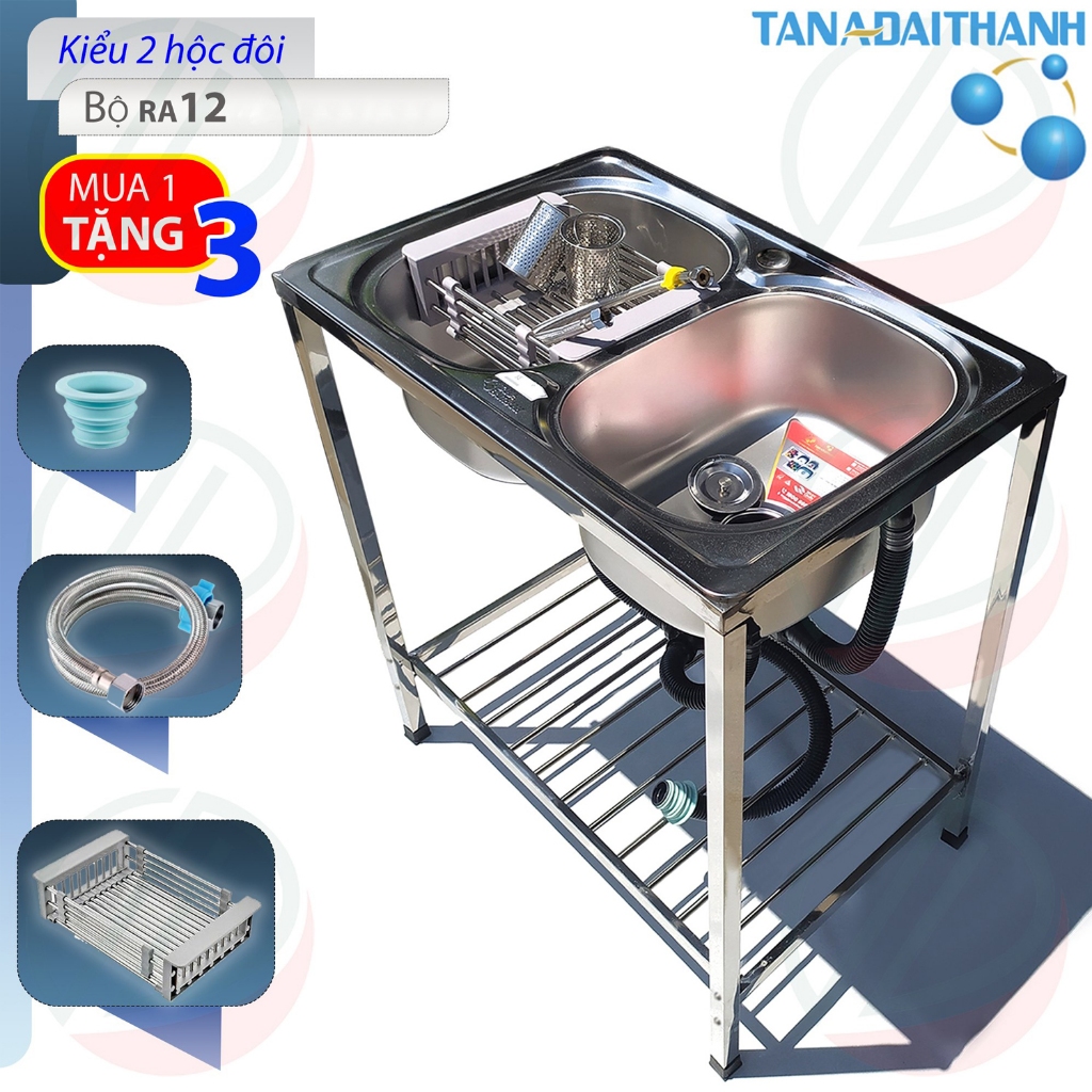 Bộ Chậu rửa bát Inox Tân Á Đại Thành 2 Hộc Có Chân - Hàng Chính hãng kèm Vòi lạnh Tặng rổ rút, đầu nối ống xả