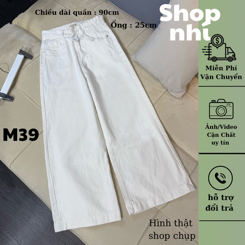 Quần jean trắng suông nấm thêu túi 90cm (7099)