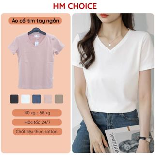 Áo thun nữ cổ tim HM tay ngắn dáng trơn form vừa, áo phông cổ v vải cotton màu trắng đen HM24.03