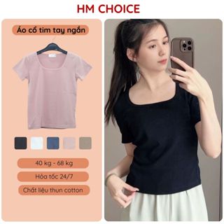 Áo cổ vuông HM tay ngắn form ôm body dáng trơn, áo thun nữ baby tee màu trắng đen HM24.02