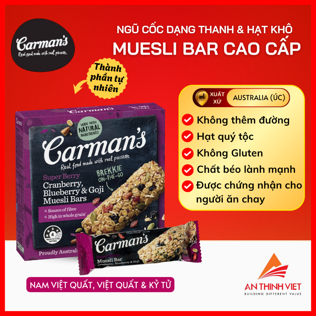 Thanh Ngũ Cốc Carman's Super Berry Muesli Bar Cranberry, Blueberry, Goji - 270g