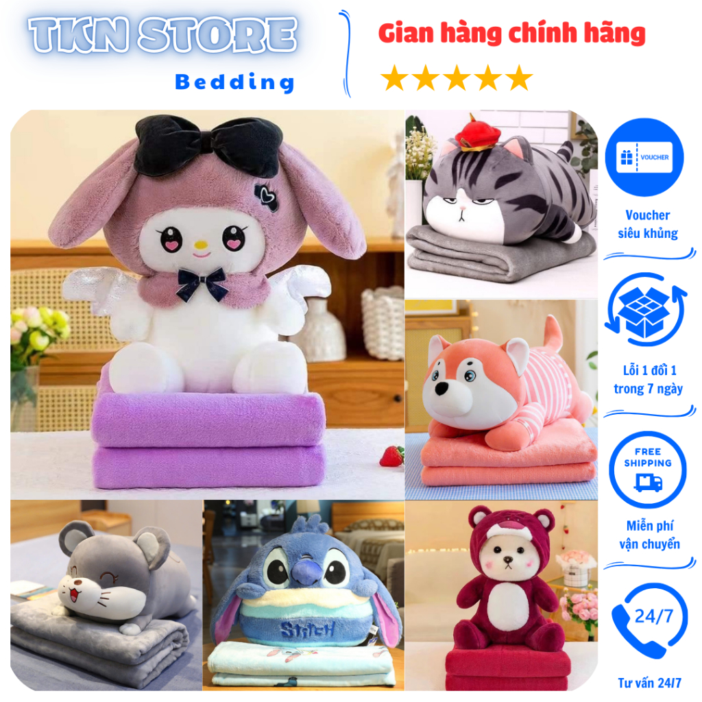 Bộ chăn gối văn phòng đa năng hình thú dễ thương, chăn gối cho bé đi học, đi du lịch tiện lợi - TKN 