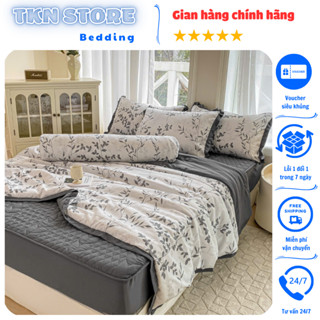 Bộ chăn ga gối 5 món cotton đũi trần bông cao cấp nhập khẩu, Chăn ga gối hè thu chất liệu mềm mại,thoáng mát không xù