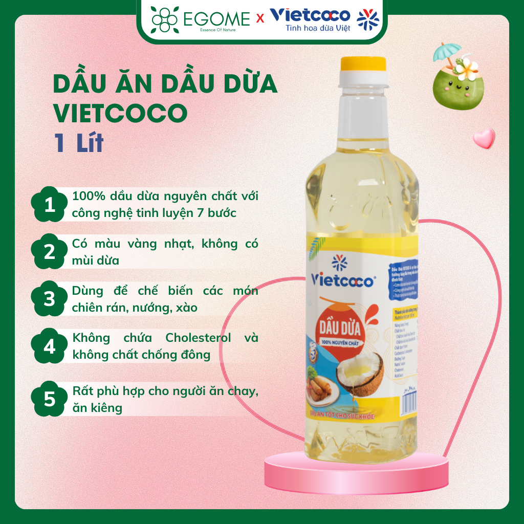 Dầu Dừa Tinh Luyện Dầu Ăn Vietcoco cooking oil nguyên chất dùng chiên rán, xào, nướng chai 1 Lít