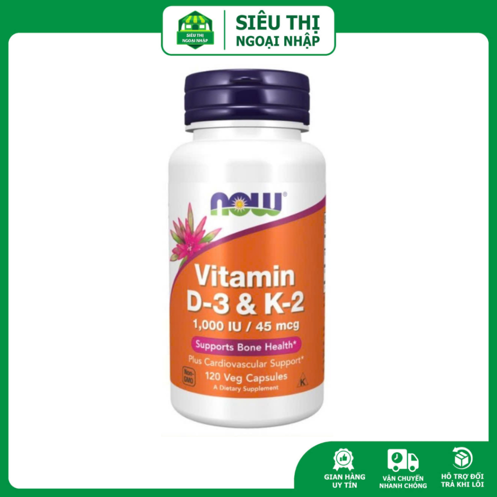 Viên uống Vitamin D3-K2  tăng cường sức đề kháng, sinh lý, cơ bắp, xương chắc khoẻ Now 1000IU