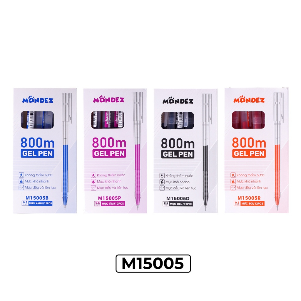  Hộp 12 Bút Gel MONDEZ Ngòi 0.5mm Bút Mondez Mực Tím Xanh Đen Đỏ Dành Cho Học Sinh M15004 M15005 