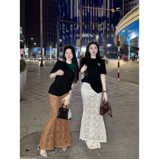 chân váy đuôi cá dáng dài ren dệt kim hoa nổi loại xịn co giãn có big size