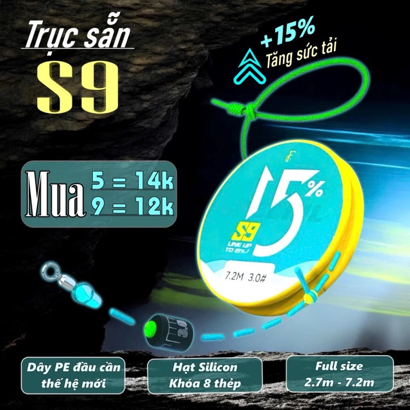 Trục buộc sẵn S9, Trục câu đài buộc sẵn S9 Fan Fishing. Phụ kiện silicon, dây pe đầu cần thế hệ mới,