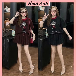  Set Bộ Đồ Nữ Dạ Nhung Nhũ Sọc Chéo Áo Thỏ Đá Nổi Cổ Bo Len Dệt Mix Chân Váy Xếp Ly Freesize 