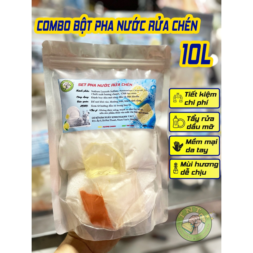 Bột pha nước rửa chén đậm đặc 10L - tự pha tại nhà ,an toàn da tay, sạch dầu mỡ, tiết kiệm chi phí.