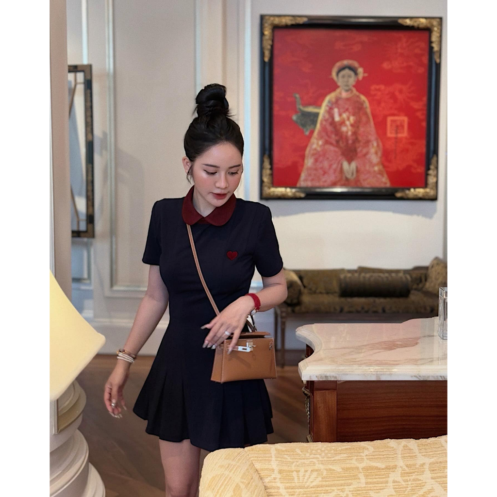 Đầm váy nữ cộc tay cổ sen đỏ váy xanh đen dáng ngắn thiết keess KIMANHBHUI TỰ MAY LẠI, Đầm cộc tay c