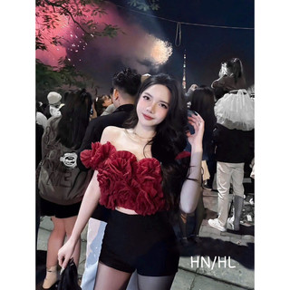   HÀNG L1  Áo Hoa Hồng Trễ Vai Mocking Áo Thiết Kế Sang Chảnh Dự Tiệc Cao Cấp Áo Thun Croptop - Thời Trang Nữ 