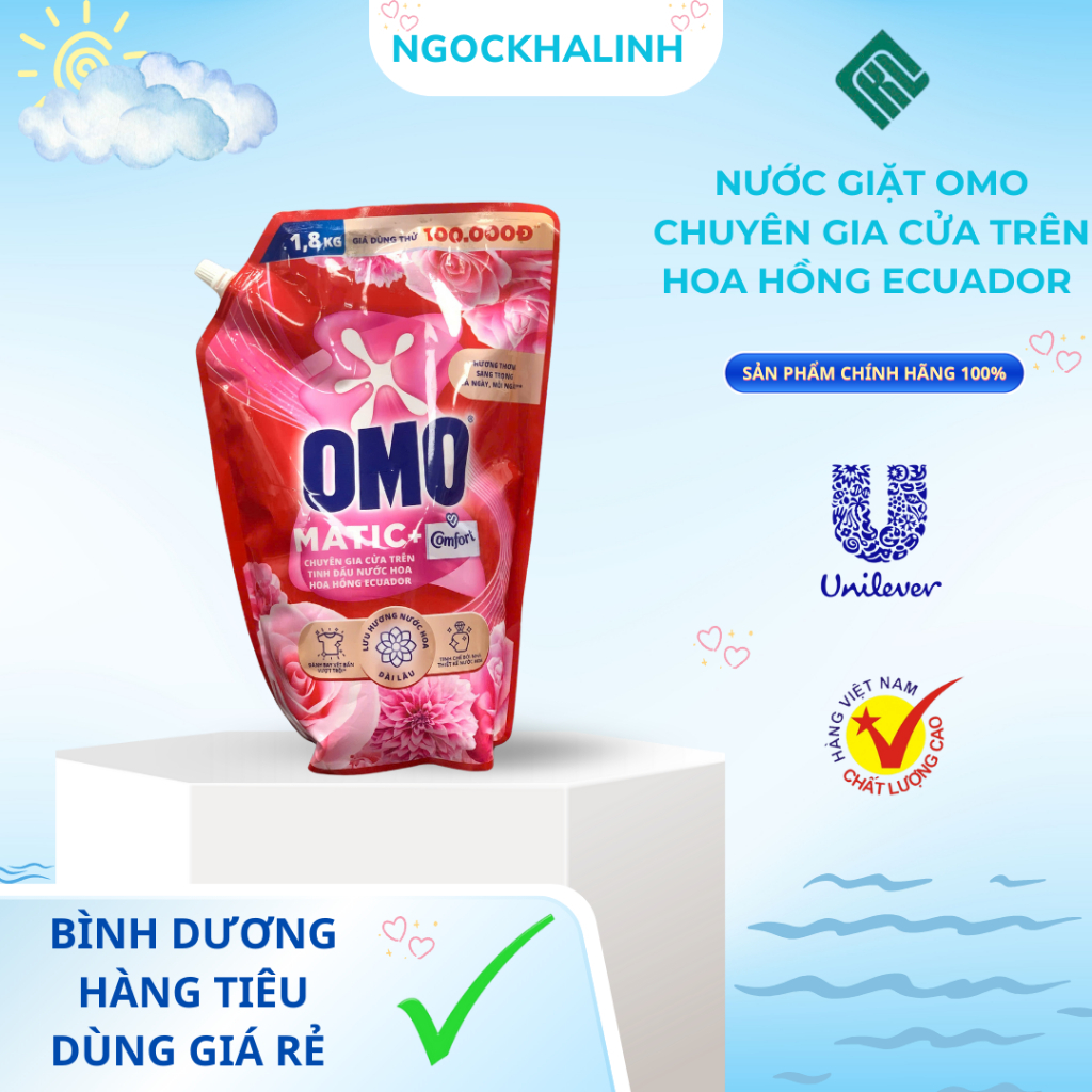 Nước giặt Omo Cửa Trên hương hoa Hồng Ecuador túi 1.8kg