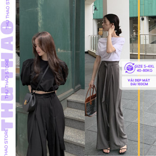 Quần ống rộng nữ big size dài 105cm, ống sớ buộc dây nơ bản to độc lạ hot trend-Phong cách tiểu thư Hàn Quốc.