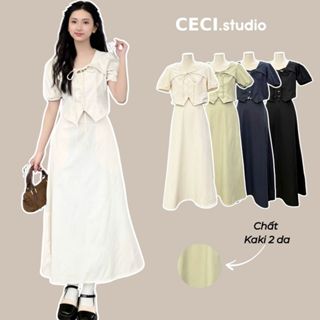 Set Áo Nữ Dáng Dài Cổ V Thắt Nơ Tay Bồng Dáng Croptop Kèm Chân Váy Dài, Set Váy Nữ Hè Tiểu Thư - CECI.studio - S266