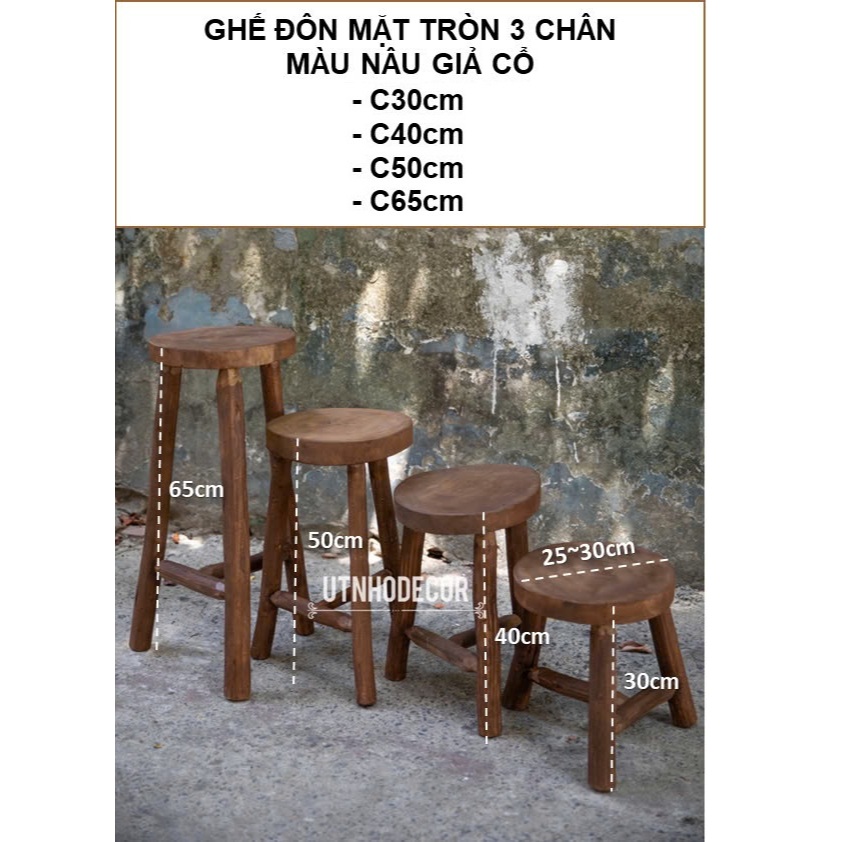 Ghế đôn gỗ mặt tròn 3 chân decor vintage | Ghế chụp hình concept | Ghế trang trí quán cafe studio