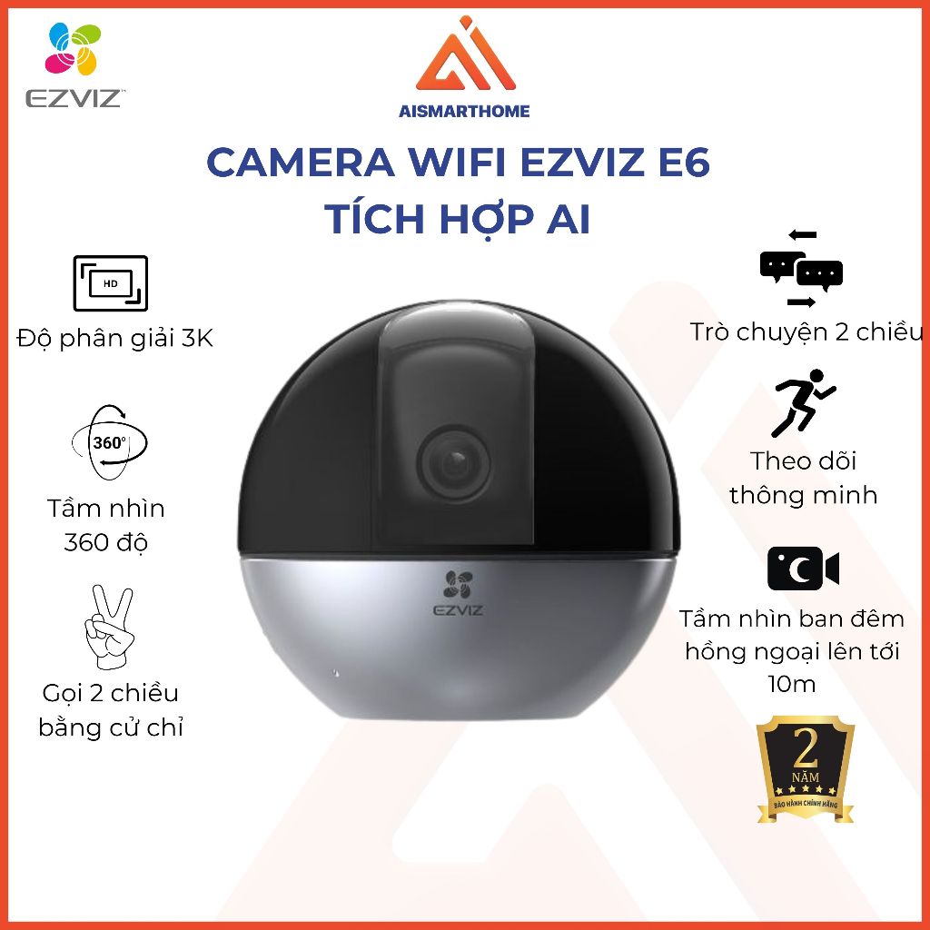 Camera WIFI EZVIZ E6 3K 5MP, Xoay 360 Độ, Đàm Thoại 2 Chiều, Theo Dõi Chuyển Động - Bảo Hành 2 Năm