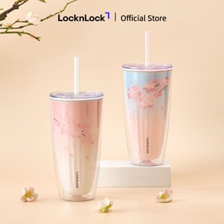 Ly nhựa 2 lớp Lock&Lock Cherry Blossom double wall cold cup 750ml kèm ống hút HAP522