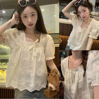  Áo sơ mi thô boi chun ngực phối nơ chân sóng hoa ren nổi hàng QC loại 1 CT39 
