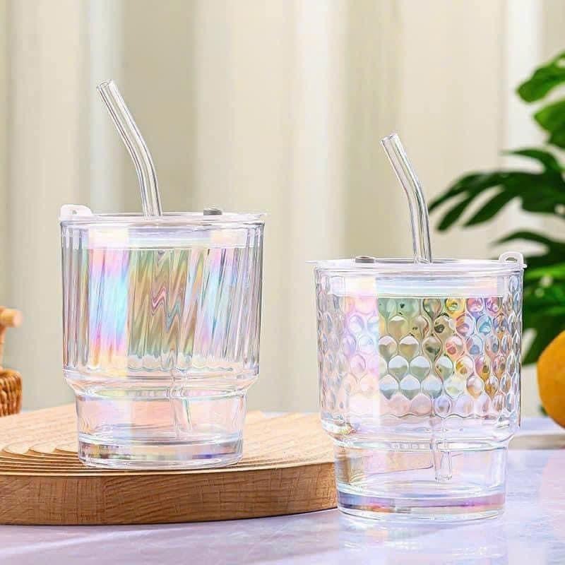 Ly thủy tinh cầu vồng hiup kèm ống hút