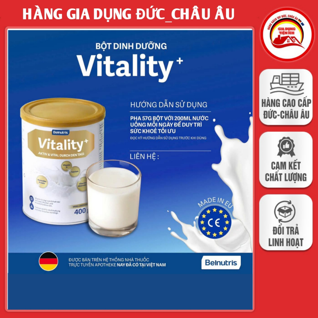 Sữa dinh dưỡng Vitality+ 400g cung cấp đầy đủ Vitamin A, D, E, K, B, canxi, magiê, sắt, kẽm