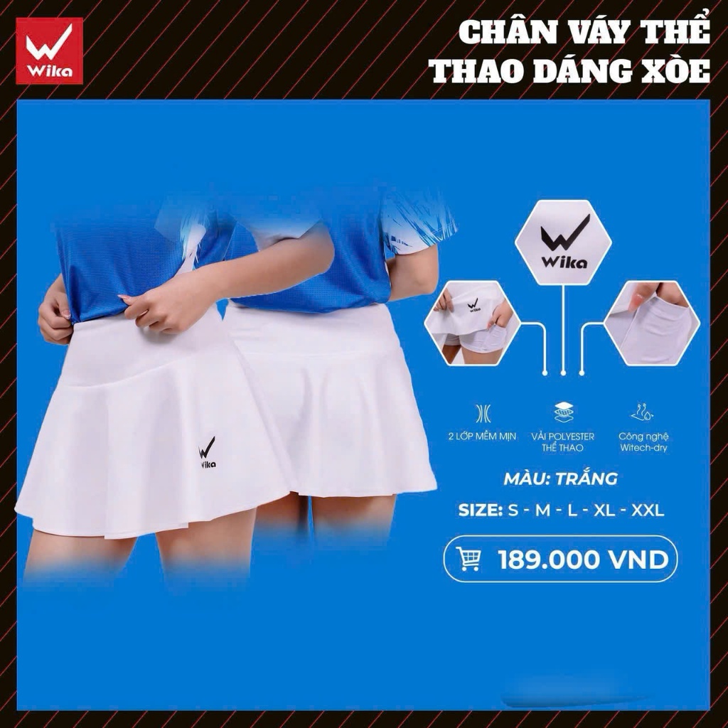 Chân váy thể thao chính hãng Wika cầu lông pickleball bóng bàn tennis 2 lớp dáng xòe màu trắng đen