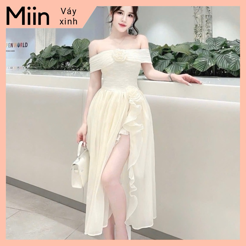 Váy trễ vai rúm eo, ngực kèm hoa