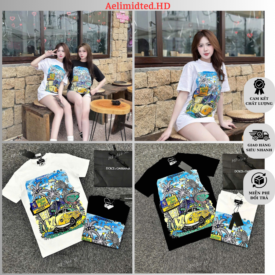  Áo Thun Dsquared2 phối hình khu rừng Astro Ape.  Áo phông nam nữ DSQ in hình cây dừa đầu lâu chữ ICON hai mặt boy phố. 
