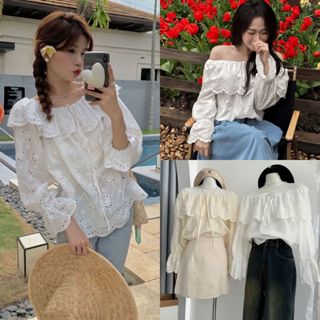 Áo Trễ Vai Tay Loe Ren Hoa Chun Co Giãn, Labibi