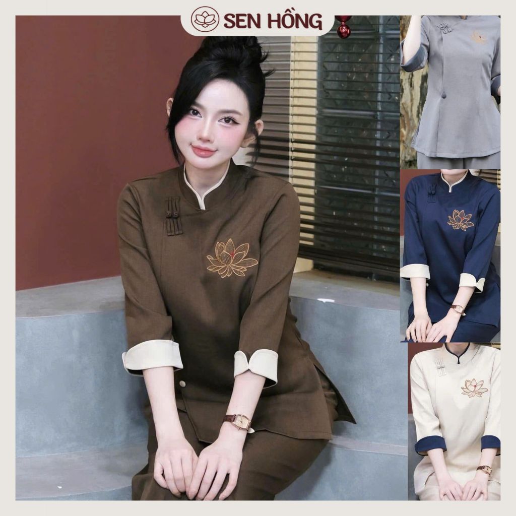 Set Bộ Áo Lam Đi Chùa Thêu Sen - Quần áo Phật tử shop Sen Hồng - Pháp phục loại 1 vải mịn đẹp G51